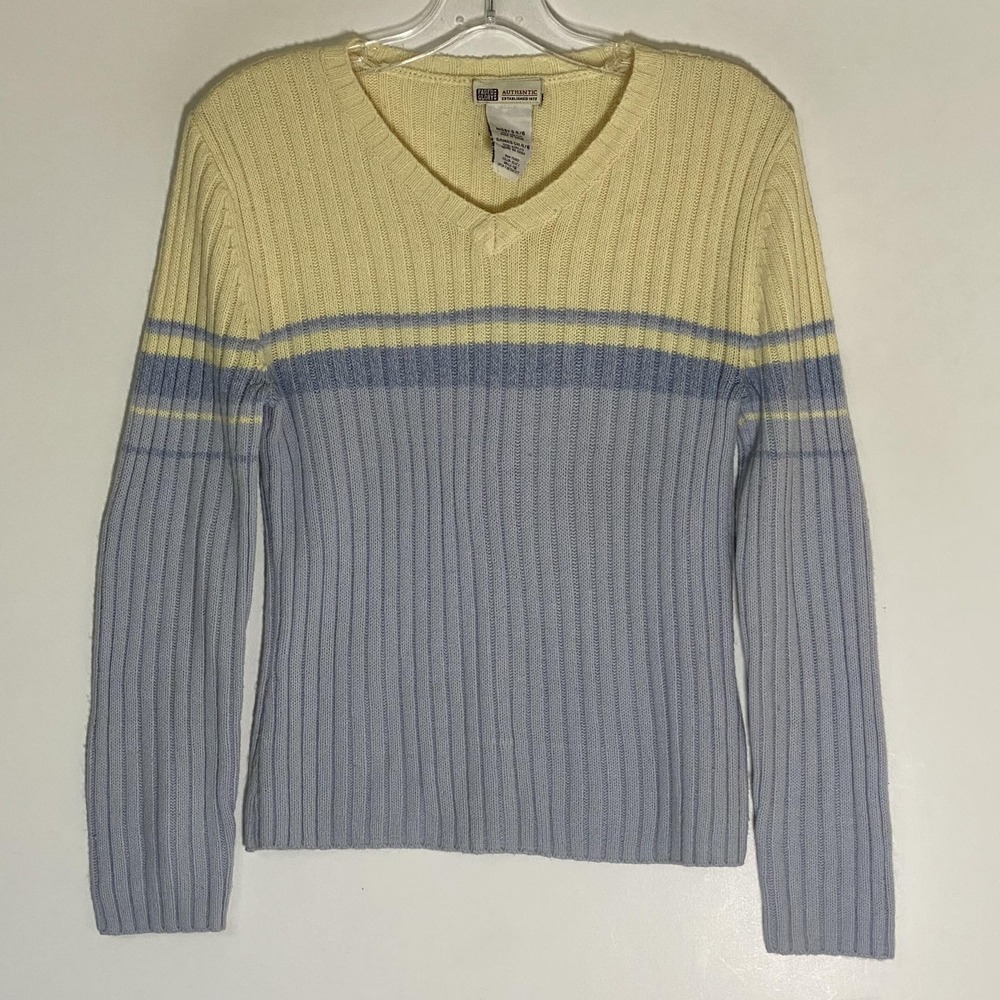 Faded Glory Sweater Womens Small‎ Blue Yellow Stripe V Neck Ribbed Knit Pullover